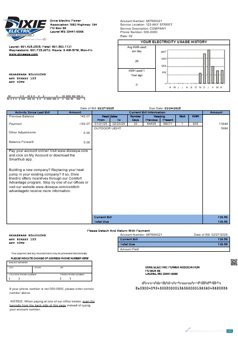 USA Mississippi Dixie Electric business utility bill template in Word and PDF formats